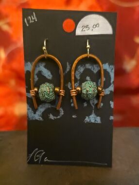 Handcrafted Turquoise Patina Bead Drop Earrings - Copper Accents